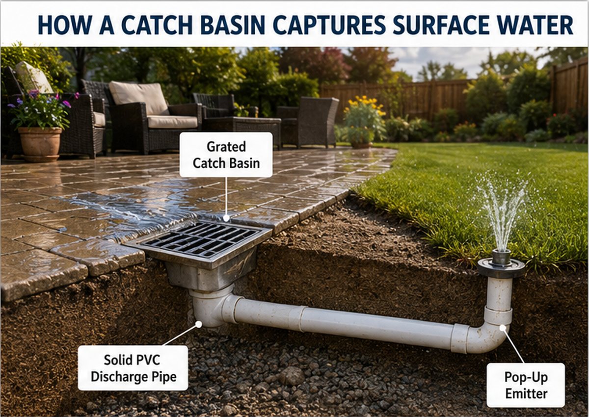 Cutaway illustration of a grated catch basin installed at a low point in a patio or driveway, connected by underground solid PVC pipe to a pop-up emitter that discharges water safely into the lawn.