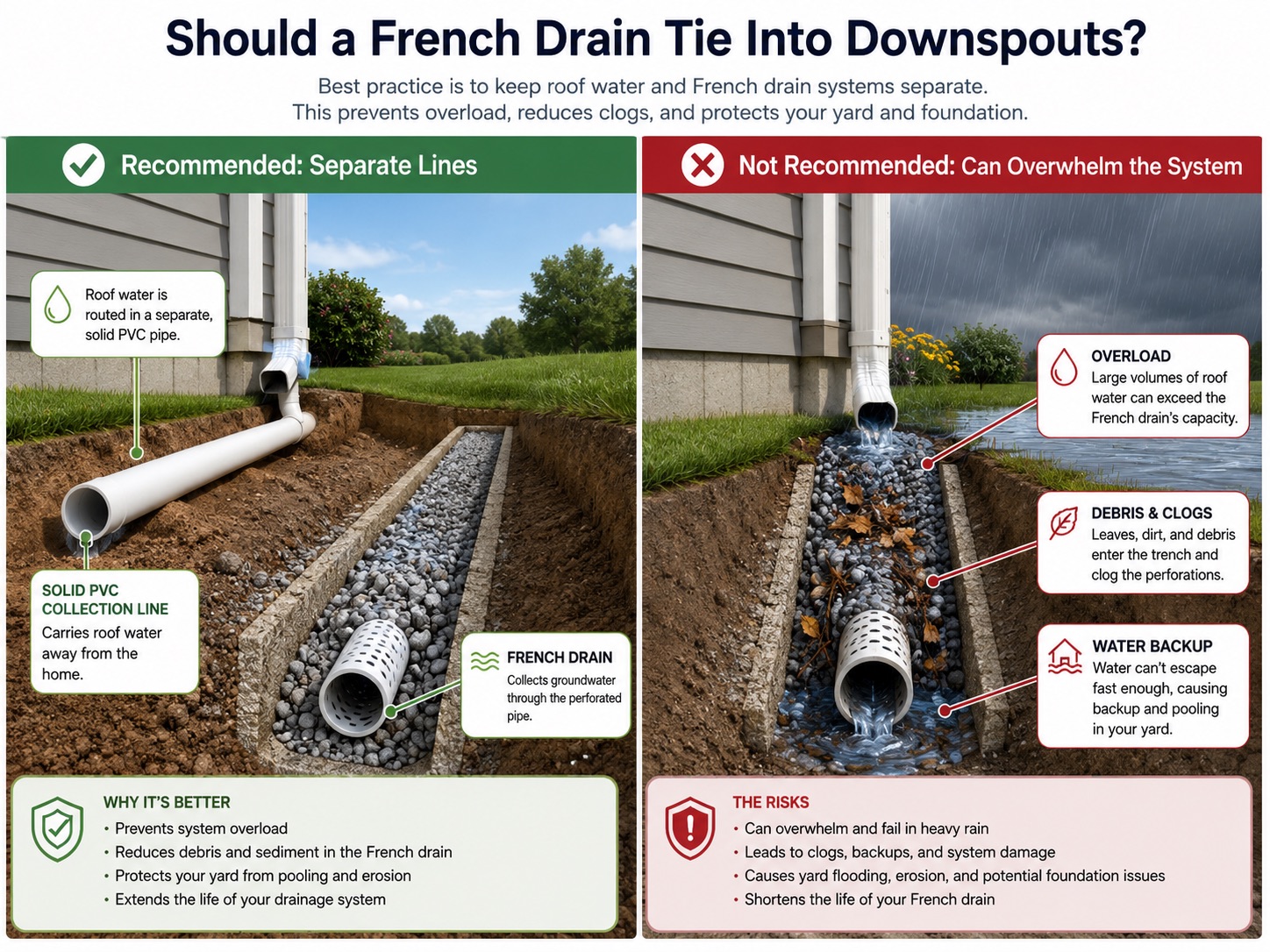 Comparison graphic: recommended installation keeps roof downspouts on a separate solid PVC line from the French drain, while combining them into one line risks overload, debris clogs, and water backup.