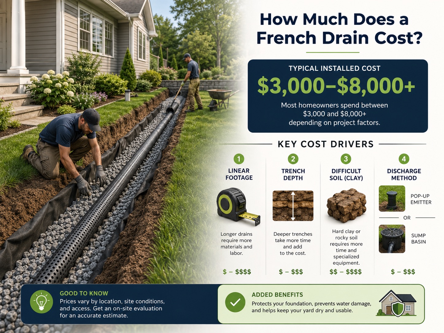 Graphic showing a typical installed French drain cost of $3,000 to $8,000+, driven by linear footage, trench depth, difficult clay soil, and discharge method.