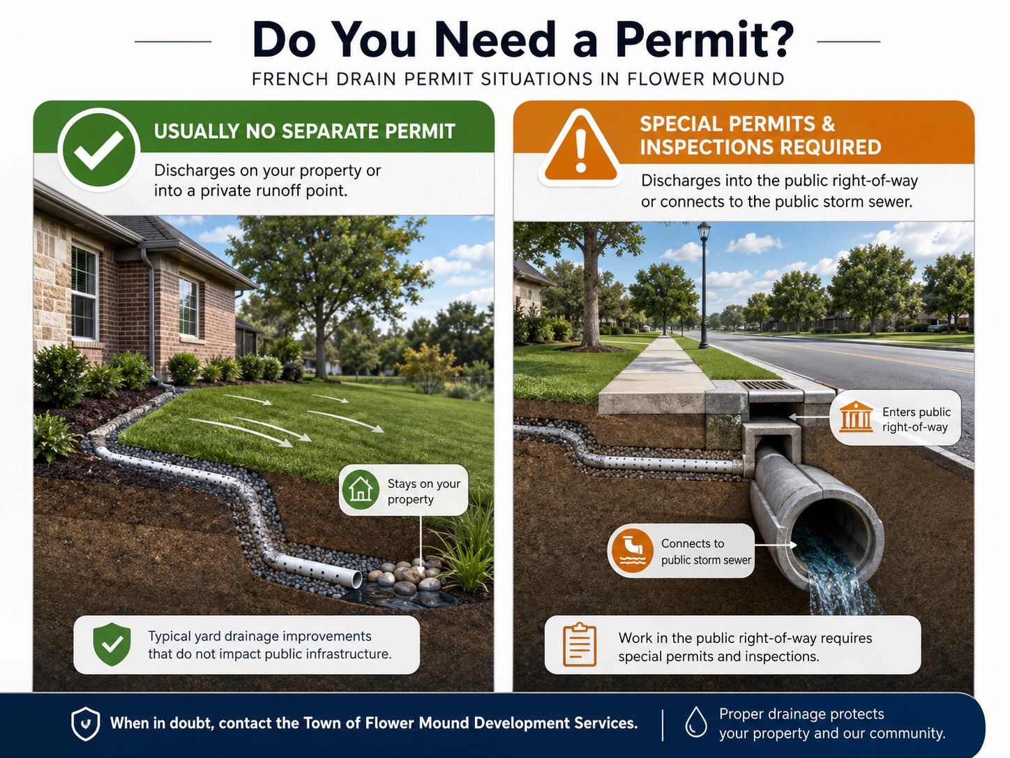 Comparison graphic: yard drainage that discharges on your own property usually needs no separate permit, while drainage that discharges into the public right-of-way or connects to the public storm sewer requires special permits and inspections.