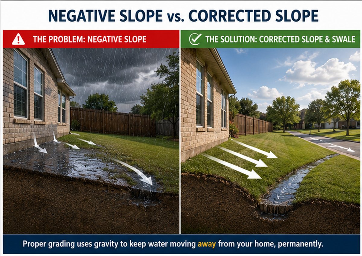 Comparison graphic: negative slope grading a problem where water runs toward the foundation, versus corrected slope and swale grading a solution that carries water safely away from the house.